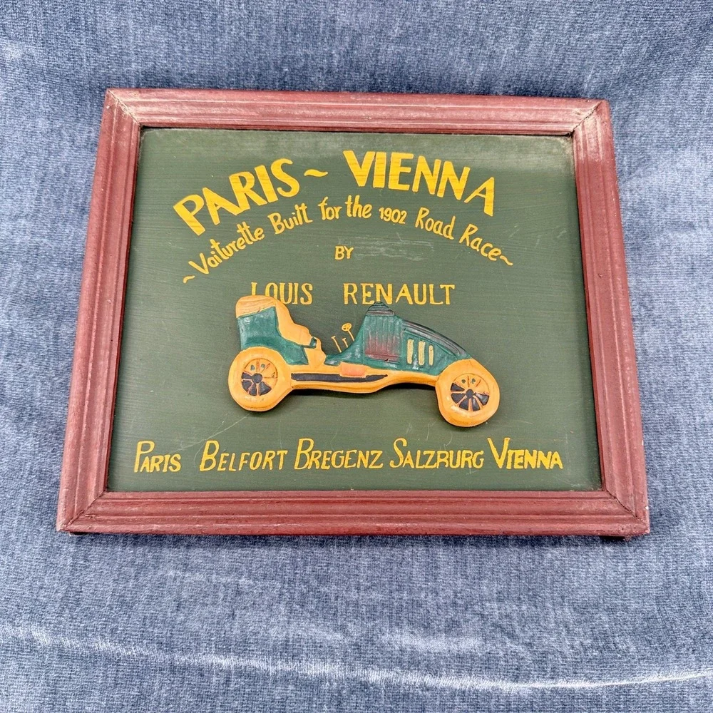 Paris Vienna Louis Renault Wood Wall Plaque 1902 Road Race Car Decor Sign